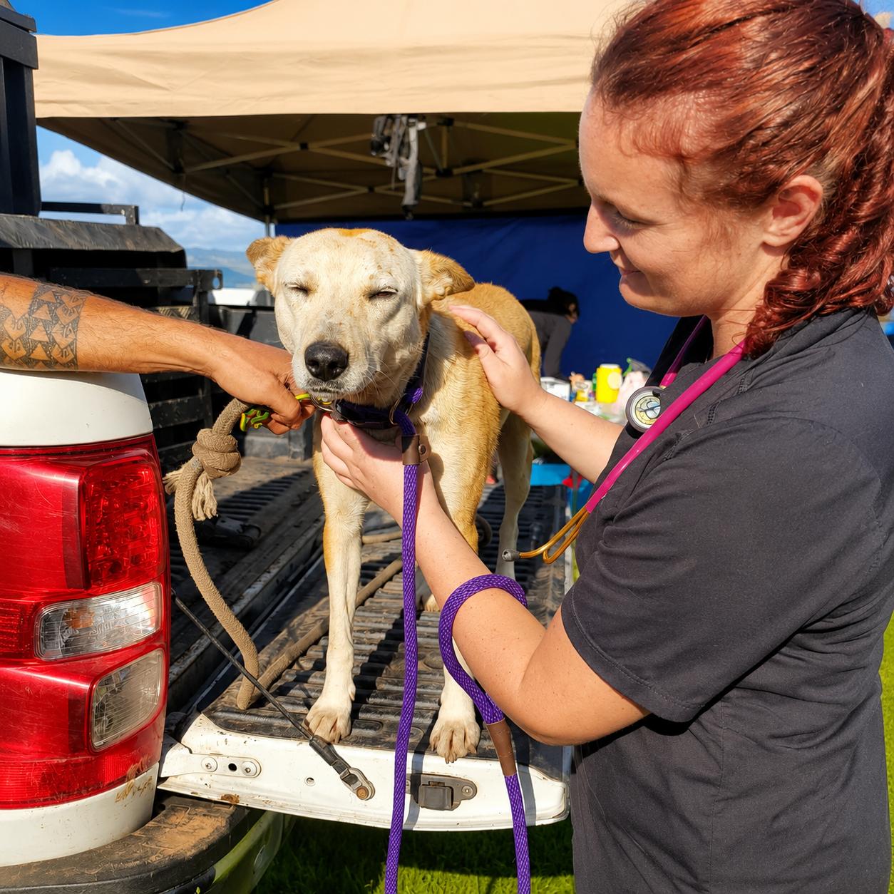 Volunteer welcoming a puppy at a community clinic in Kawhia